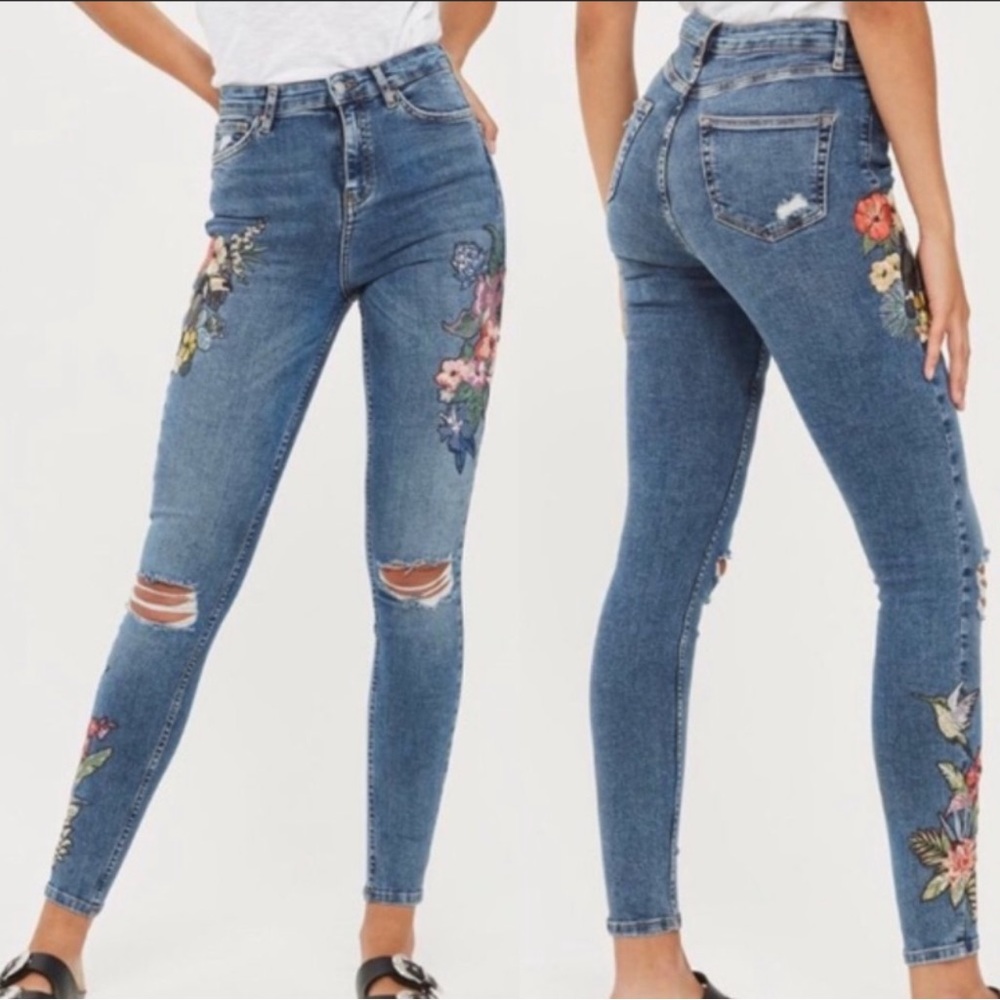 Topshop Jamie Moto W32 L30 Distressed Embroidered Blue Jeans Ankle Mid Rise